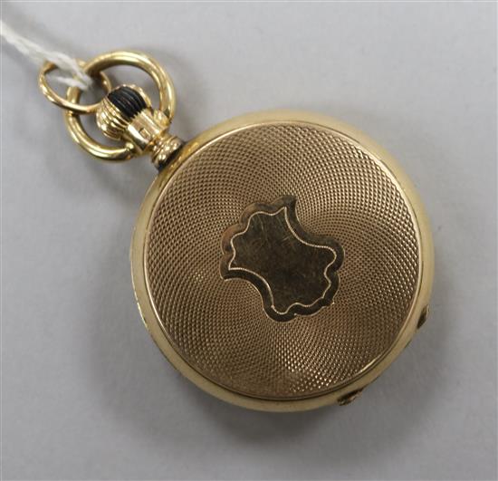 An engine turned 14ct gold hunter fob watch, with Roman dial and subsidiary seconds.